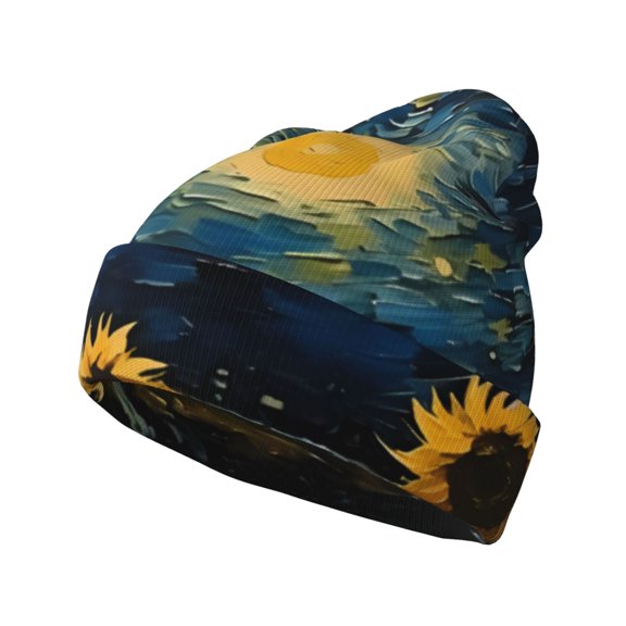 Picia Oil Starry Sky Sunflower Pattern Knitted Beanie Hat for Men and Women , Unisex Winter Warm Stretchy Knit Cap Thick Fisherman Beanies Cuffed Plain Skull Caps
