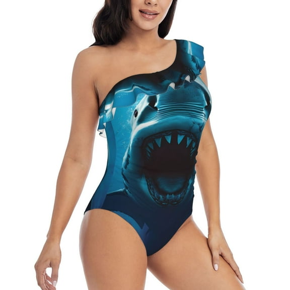 Picia Open-Mouthed Shark Pattern Women's One Piece Swimsuits,One Shoulder Swimwear Asymmetric ,Ruffle Monokinis Bathing Suits,High Waisted Flattering Bathing Suits-X-Large