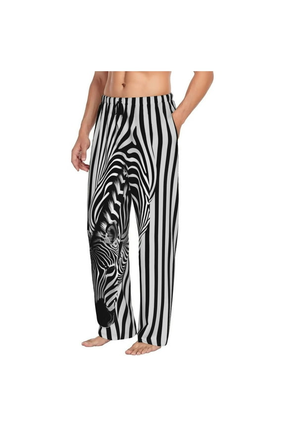 Optical Zebra Illusion Mens Soft Woven Cotton Elastic Waistband Sleep Pajama Pant Lounge Sleep Pant With Pockets And Drawstring-Large