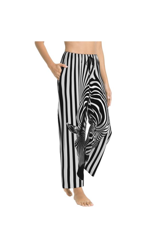 Optical Zebra Illusion Womens Soft Woven Cotton Elastic Waistband Sleep Pajama Pant Lounge Sleep Pant With Pockets And Drawstring-Large