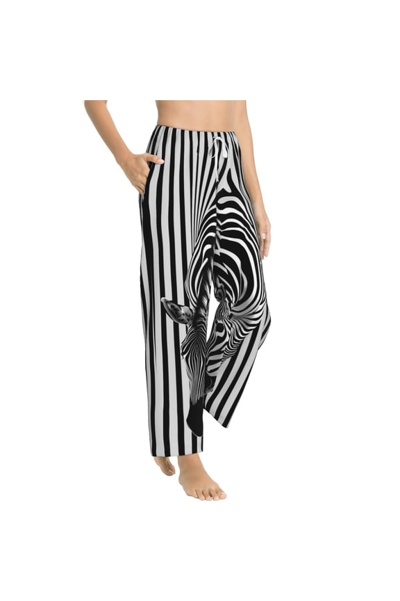 Optical Zebra Illusion Womens Soft Woven Cotton Elastic Waistband Sleep Pajama Pant Lounge Sleep Pant With Pockets And Drawstring-Small