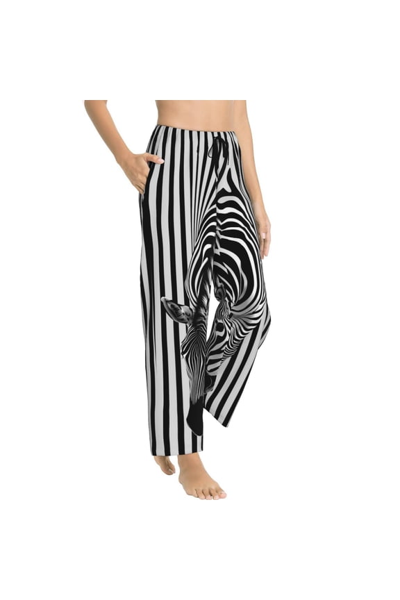 Optical Zebra Illusion Womens Soft Woven Cotton Elastic Waistband Sleep Pajama Pant Lounge Sleep Pant With Pockets And Drawstring-Small