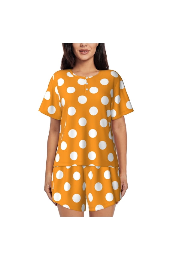 Orange And White Polka Dot Pajamas Sets for Women Soft Short-Sleeved Pjs with Lounge Shorts Two Piece Sleepwear-Medium