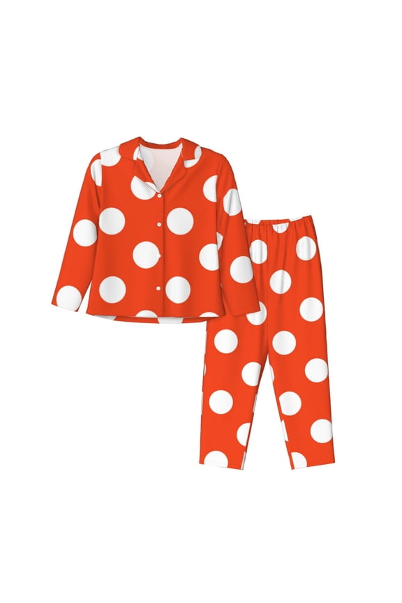 Orange And White Polka Dot1 Pattern Womenâs Long-Sleeve Sleepwear Set - Soft 2-Piece Loungewear with Pockets, Comfy PJs for Relaxing Nights-XX-Large