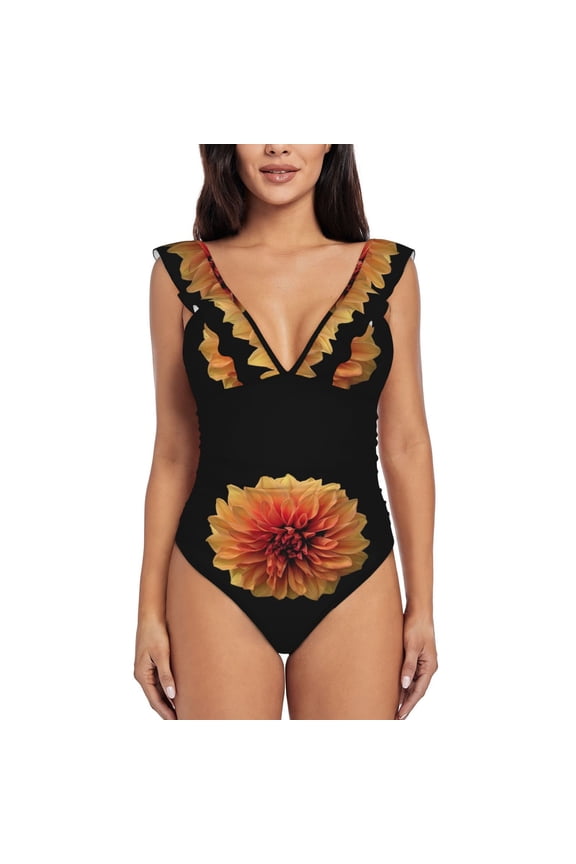 Orange Dalia Blooming Jelly Womens Tummy Control Bathing Suits Slimming Ruffle Swimsuit One Piece Lace Swimwear-