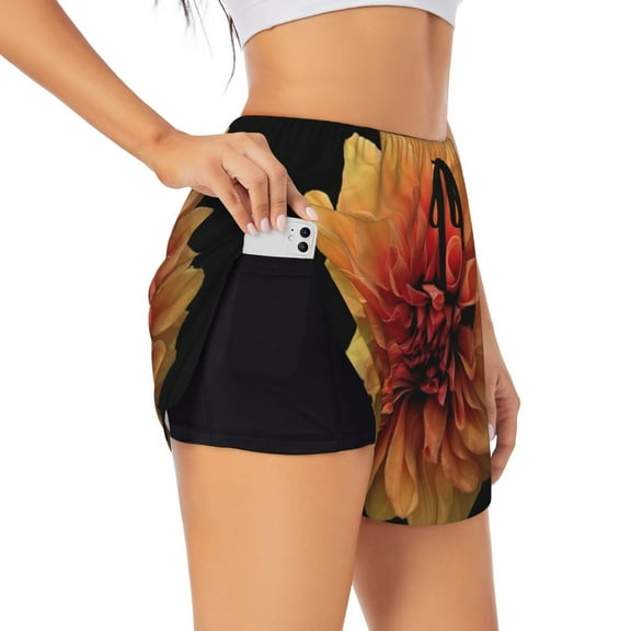 Picia Orange Dalia Pattern Women's 2 in 1 Athletic Running Shorts High Waisted Workout Casual Gym Sweat Shorts with Comfy Liner Zipper Pockets-Small