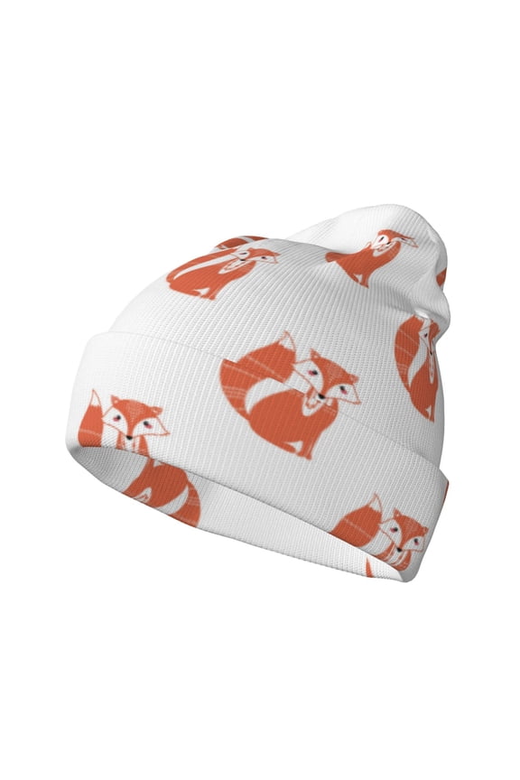 Orange Fox Pattern Knitted Beanie Hat for Men and Women , Unisex Winter Warm Stretchy Knit Cap Thick Fisherman Beanies Cuffed Plain Skull Caps