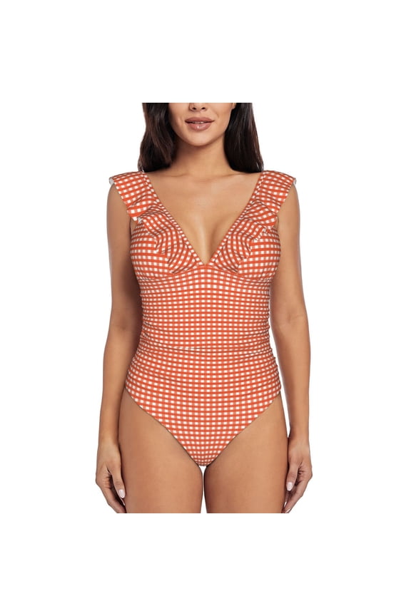 Orange Gingham Blooming Jelly Womens Tummy Control Bathing Suits Slimming Ruffle Swimsuit One Piece Lace Swimwear-