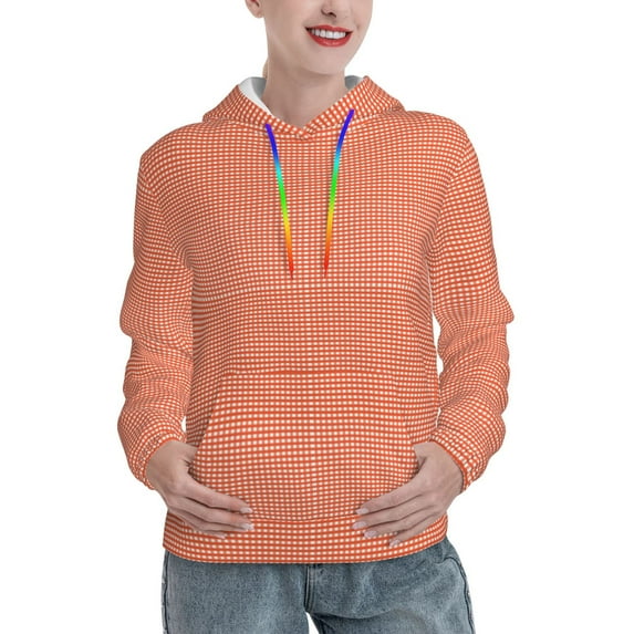 Picia Orange Gingham Pattern Casual Women's Hoodie, Hooded Sweatshirt with Kangaroo Pocket, Comfortable Pullover with Eye-catching Drawstrings-XX-Large
