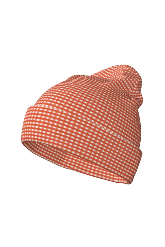 Orange Gingham Pattern Knitted Beanie Hat for Men and Women , Unisex Winter Warm Stretchy Knit Cap Thick Fisherman Beanies Cuffed Plain Skull Caps