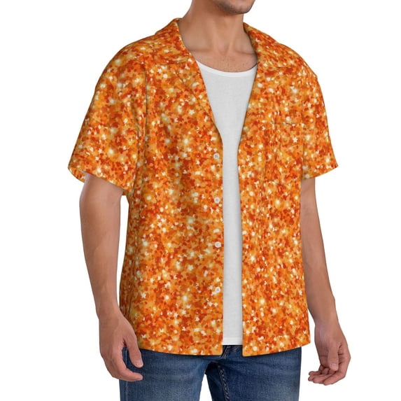 Picia Orange Glitter Men's Linen Shirts Short Sleeve Cuban Beach Shirts Casual Shirts Button Down Shirt for Men Beach Summer Wedding Shirt-Small