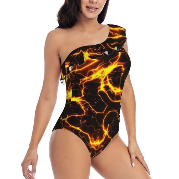 Picia Orange Lightning Pattern Women's One Piece Swimsuits,One Shoulder Swimwear Asymmetric ,Ruffle Monokinis Bathing Suits,High Waisted Flattering Bathing Suits-Large