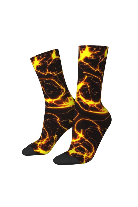 Orange Lightning Print Athletic Socks for Men & Women – Cushioned Moisture-Wicking Crew Socks for Sports, Running, and Training, Soft & Breathable Size 5-11