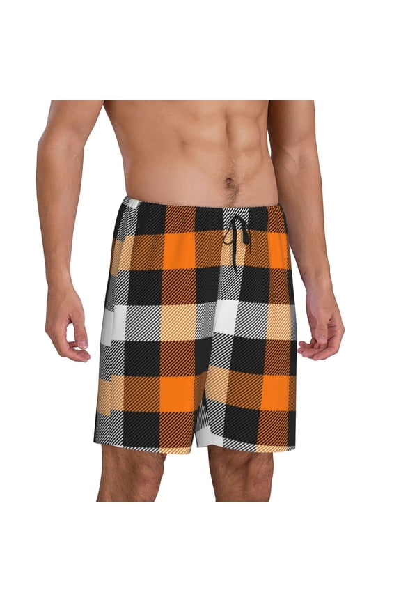Orange Plaid Pajama Shorts for Men, Men's Pajama Bottoms, Sleepwear,Short Pajama Pants-Large