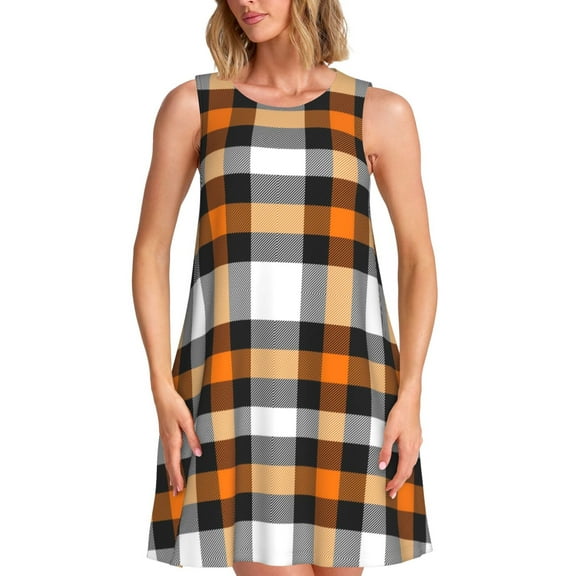 Picia Orange Plaid Print Women’s Sleeveless Midi Swing Dress – A-Line Pleated Tank Sundress, Comfortable and Flowy T-Shirt Dress