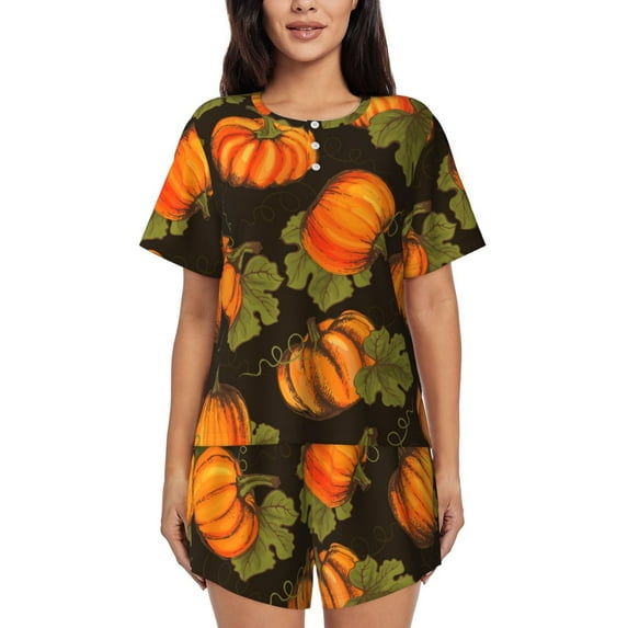 Picia Orange Pumpkin Pajamas Sets for Women Soft Short-Sleeved Pjs with Lounge Shorts Two Piece Sleepwear-Medium
