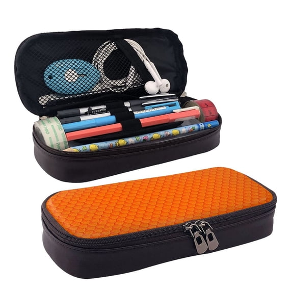 Picia Orange Scales Pattern Large Capacity PU Leather Pencil Case Organizer Pen Marker Holder Double Zipper Storage Bag Big Pencil Pouch for College Office