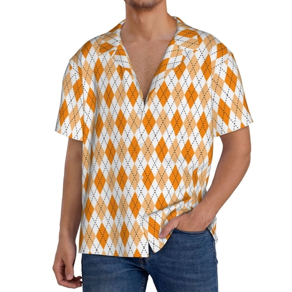 Picia Orange argyle Pattern Men's Linen Shirts Short Sleeve Cuban Beach Shirts Casual Shirts Button Down Shirt for Men Beach Summer Wedding Shirt-4X-Large