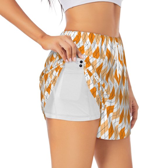 Picia Orange argyle Pattern Women's 2 in 1 Athletic Running Shorts High Waisted Workout Casual Gym Sweat Shorts with Comfy Liner Zipper Pockets-Large
