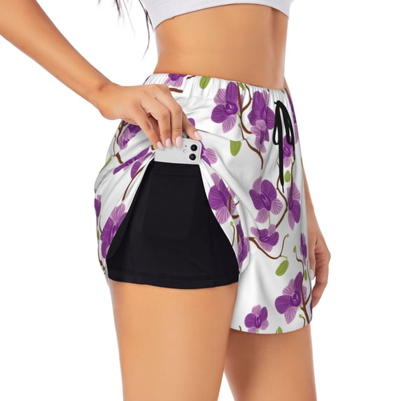 Picia Orchids Flowers Pattern Women's 2 in 1 Athletic Running Shorts High Waisted Workout Casual Gym Sweat Shorts with Comfy Liner Zipper Pockets-
