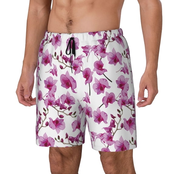 Picia Orchids Flowers pattern Mens Swim Trunks with Compression Liner Stretch Beach Shorts Quick Dry with Zipper Pockets No-Chafing Board Shorts-Small