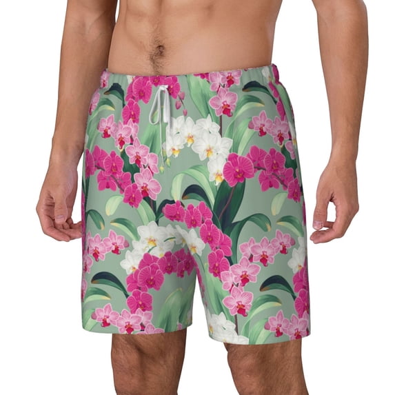 Picia Orchids Flowers pattern Mens Swim Trunks with Compression Liner Stretch Beach Shorts Quick Dry with Zipper Pockets No-Chafing Board Shorts-X-Large