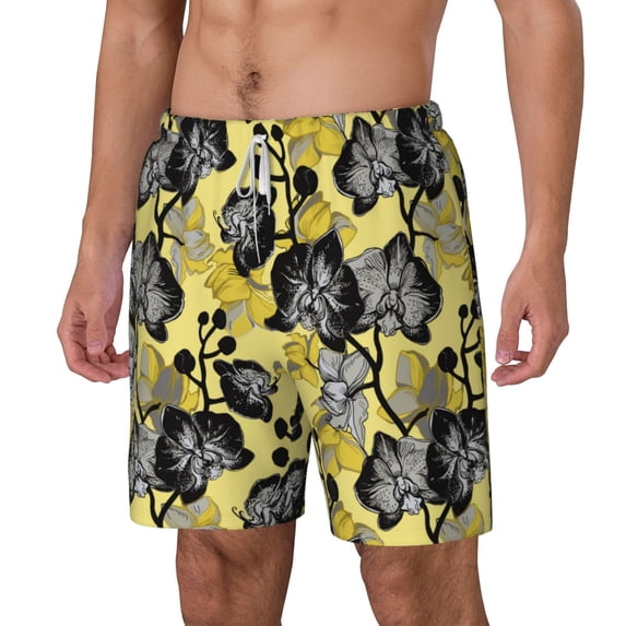 Picia Orchids Flowers pattern Mens Swim Trunks with Compression Liner Stretch Beach Shorts Quick Dry with Zipper Pockets No-Chafing Board Shorts-X-Large