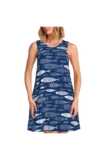 knee length dresses for ladies Vintage 90s/00s Cotton Fish Mini Shift Dress Beach Surf By Exist Sports Line
