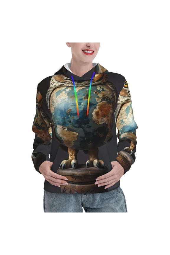 Owl Globe Sculpture Pattern Casual Women's Hoodie, Hooded Sweatshirt with Kangaroo Pocket, Comfortable Pullover with Eye-catching Drawstrings-Medium