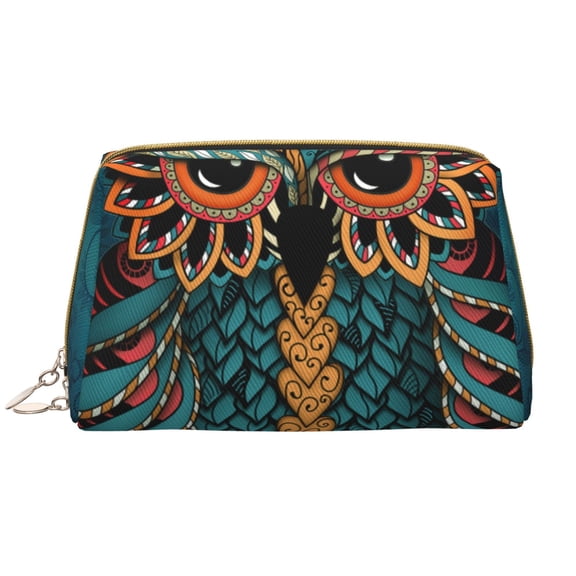 Picia Owl In Blue Print Leather Makeup Bag Make Up Bag Travel Toiletry Bag for Her Girlfriend Teacher Teen Girl Gifts