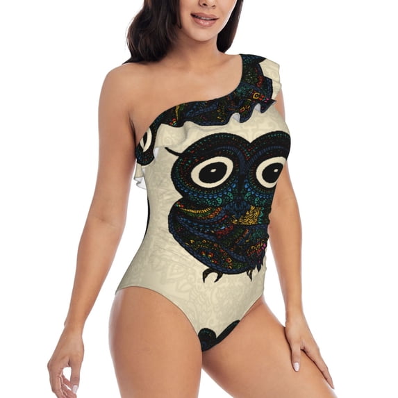 Picia Owl with Mandala Pattern Women's One Piece Swimsuits,One Shoulder Swimwear Asymmetric ,Ruffle Monokinis Bathing Suits,High Waisted Flattering Bathing Suits-Medium