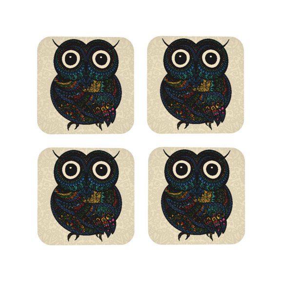Picia Owl with Mandala Printed Leather Coasters for Drinks, 4" Drink Coasters Set of 4 for Tabletop Protection, Handmade Luxurious Home Décor and Housewarming Gift -Square