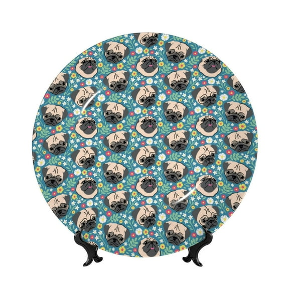 Picia PUG HEAD And Flower Pattern Bone China Decorative Plate – Wall Decor with Stand and Adhesive, Elegant Ornament for Living Room, Office, or Entryway-8in