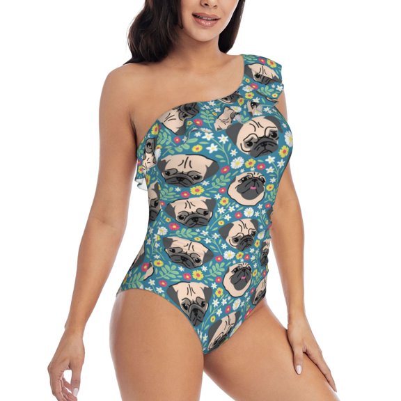 Picia PUG HEAD And Flower Pattern Women's One Piece Swimsuits,One Shoulder Swimwear Asymmetric ,Ruffle Monokinis Bathing Suits,High Waisted Flattering Bathing Suits-Small