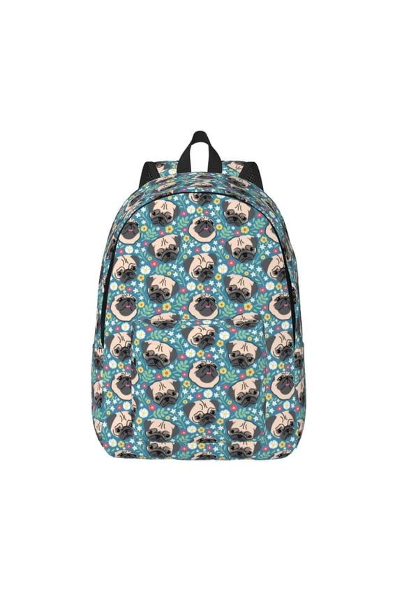 PUG HEAD And Flower Printed Canvas Daypack - Stylish and Durable Vintage Compact Backpack - Class, Work, Travel, or Laptop Bookbag,Organized Compartments-Medium