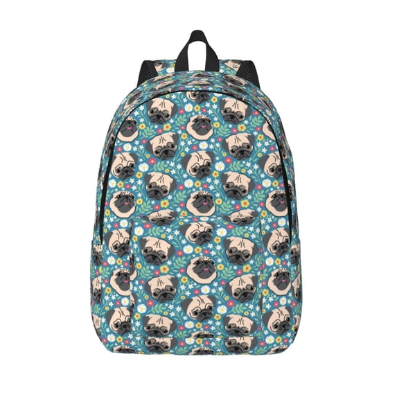Picia PUG HEAD And Flower Printed Canvas Daypack - Stylish and Durable Vintage Compact Backpack - Class, Work, Travel, or Laptop Bookbag,Organized Compartments-Small