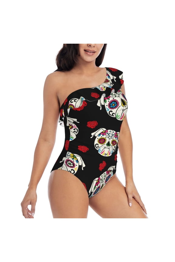 PUG Pattern Women's One Piece Swimsuits,One Shoulder Swimwear Asymmetric ,Ruffle Monokinis Bathing Suits,High Waisted Flattering Bathing Suits-Large