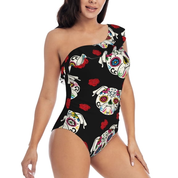 Picia PUG Pattern Women's One Piece Swimsuits,One Shoulder Swimwear Asymmetric ,Ruffle Monokinis Bathing Suits,High Waisted Flattering Bathing Suits-Small