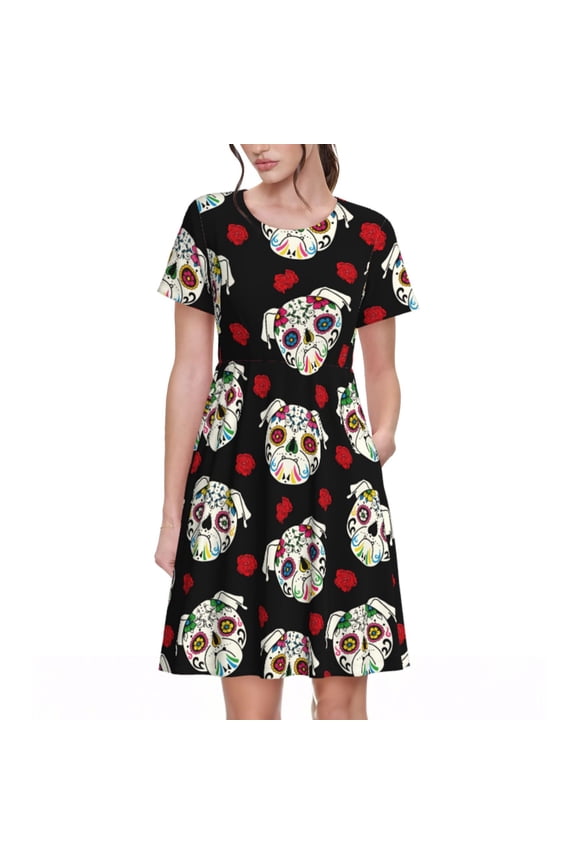 PUG Pattern Women's Short Sleeve Summer Dress Pleated Loose Swing Knee Length Short Sleeve Swing Dresses