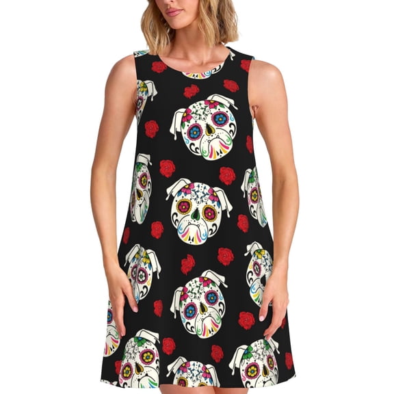 Picia PUG Print Women’s Sleeveless Midi Swing Dress – A-Line Pleated Tank Sundress, Comfortable and Flowy T-Shirt Dress