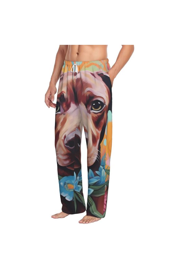 Painted Flower Puppy Mens Soft Woven Cotton Elastic Waistband Sleep Pajama Pant Lounge Sleep Pant With Pockets And Drawstring-Medium