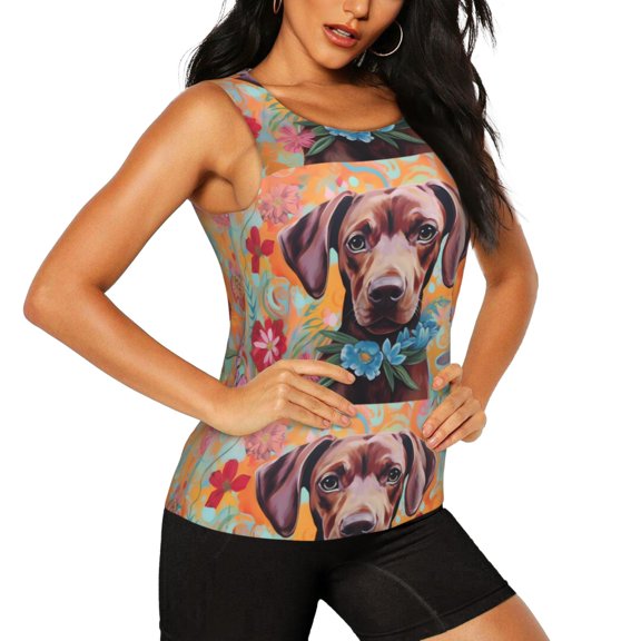 Picia Painted Flower Puppy Pattern Women's Workout Tank Top,Breathable Activewear,Slim Fit Athletic Top,Versatile Workout Moisture-wicking top-X-Large