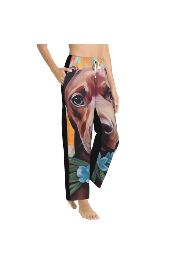Painted Flower Puppy Womens Soft Woven Cotton Elastic Waistband Sleep Pajama Pant Lounge Sleep Pant With Pockets And Drawstring-XX-Large
