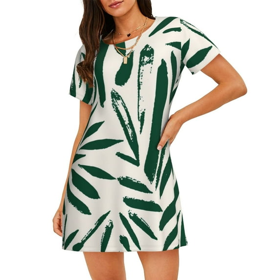 Picia Palm Branch With Leaves Pattern Women’s Nightdress – Casual Short-sleeved Loose-Fit Sleepwear, Soft Cotton Short-Sleeve Sleep Shirt for Relaxation & Comfort