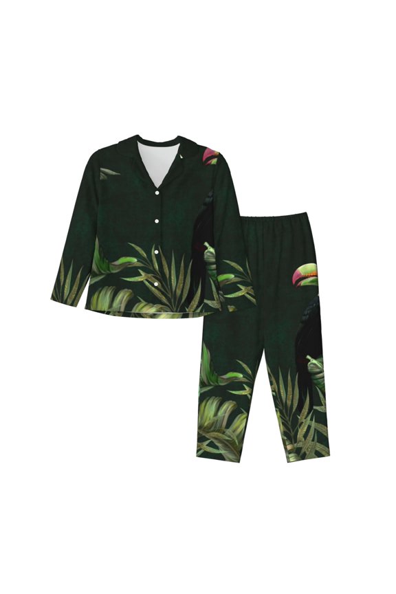 Palm Leaves And Exotic Birds Pattern Women’s Long-Sleeve Sleepwear Set - Soft 2-Piece Loungewear with Pockets, Comfy PJs for Relaxing Nights-Small