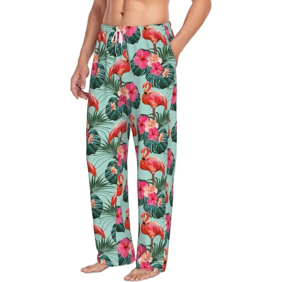 Picia Palm Leaves Flamingo Mens Soft Woven Cotton Elastic Waistband Sleep Pajama Pant Lounge Sleep Pant With Pockets And Drawstring-X-Large