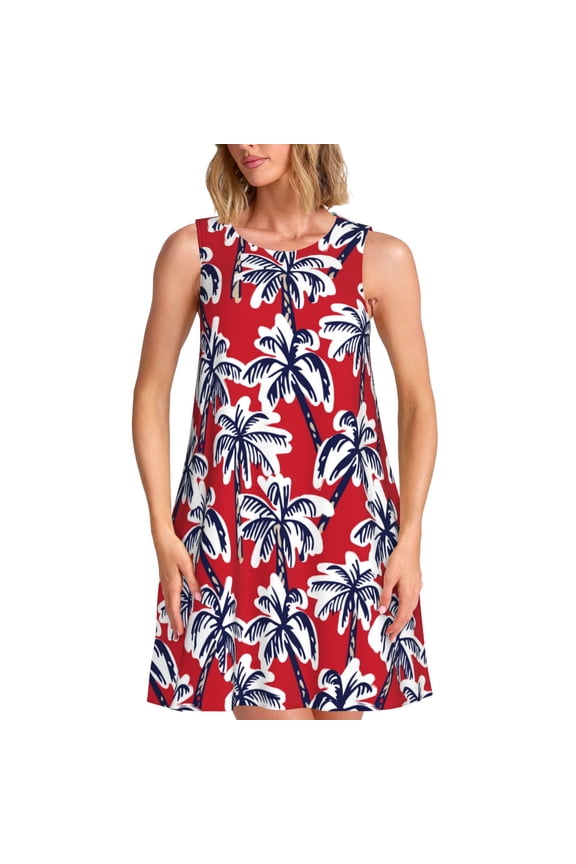 Palm Tree Pattern on Red Print Women’s Sleeveless Midi Swing Dress – A-Line Pleated Tank Sundress, Comfortable and Flowy T-Shirt Dress