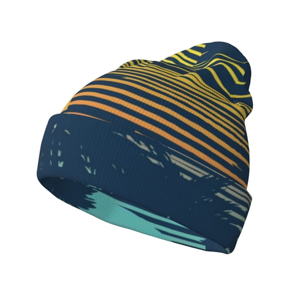 Picia Palm Trees Pattern Knitted Beanie Hat for Men and Women , Unisex Winter Warm Stretchy Knit Cap Thick Fisherman Beanies Cuffed Plain Skull Caps