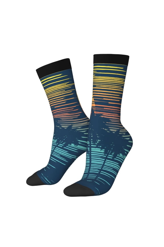 Palm Trees Print Athletic Socks for Men & Women – Cushioned Moisture-Wicking Crew Socks for Sports, Running, and Training, Soft & Breathable Size 5-11