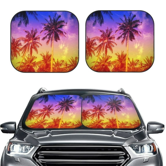 Picia Palm Trees at Sunset 2 Piece Car Windshield Sun Shade Foldable | Foldable Sun Shield for Front Window Blocks UV Rays and Keeps Your Vehicle Cool-Small